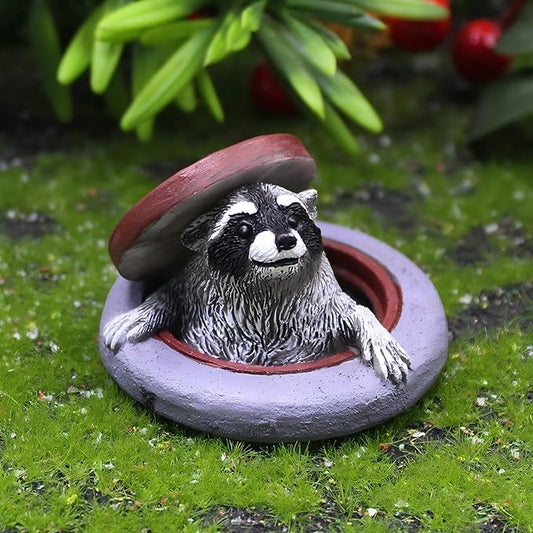 Miniature Raccoon Garden Statue, Manhole Cover Design, Outdoor Fairy Garden Decor, Cute Plant Pot Decorations,Tiny Raccoon Fairy Garden Accessories Garden Ornament