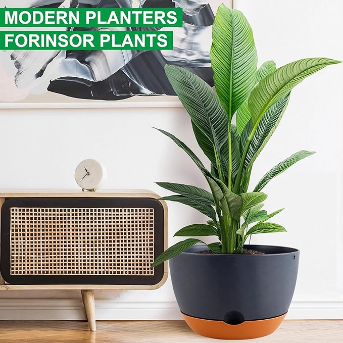 12/10/8/8 Inch Pots for Plants, 4 Pack Large Self Watering Pots for Indoor Plants with Drainage and Saucers, Plastic Outdoor Flower Pot(Grey)