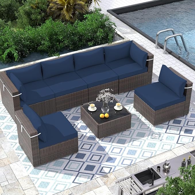 Outdoor Sectional Cushions Replacement Set, 26x26in Patio Furniture Cushions, 14 Pieces Waterproof Outdoor Couch Cushion for 6 Seat Wicker Conversation (Navy 15" Height)