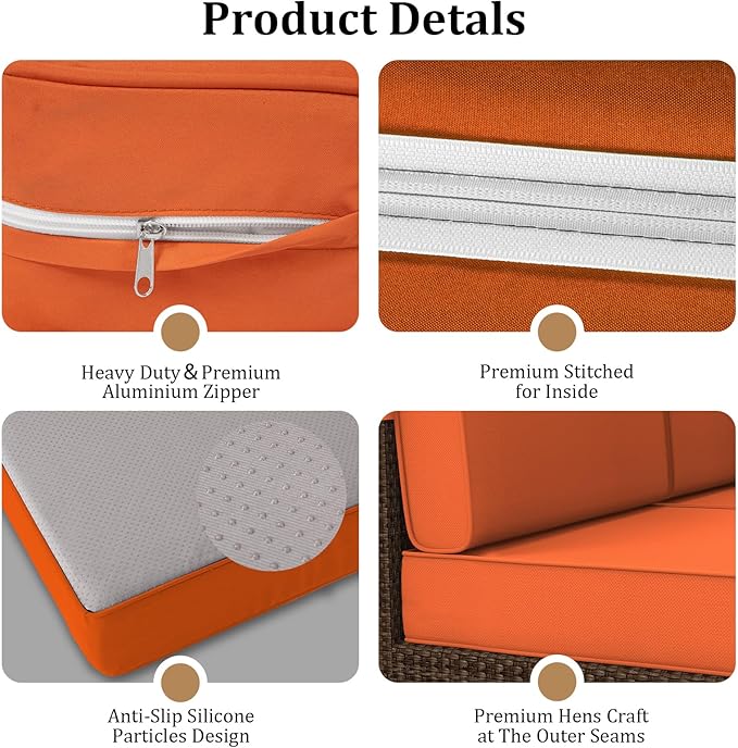 14 Pcs Outdoor Replacement Cushions for Patio Furniture, All Weather Water Resistant Cushion for 6 Seat Rattan Wicker Sectional Patio Conversation Sets and Couch (Orange)