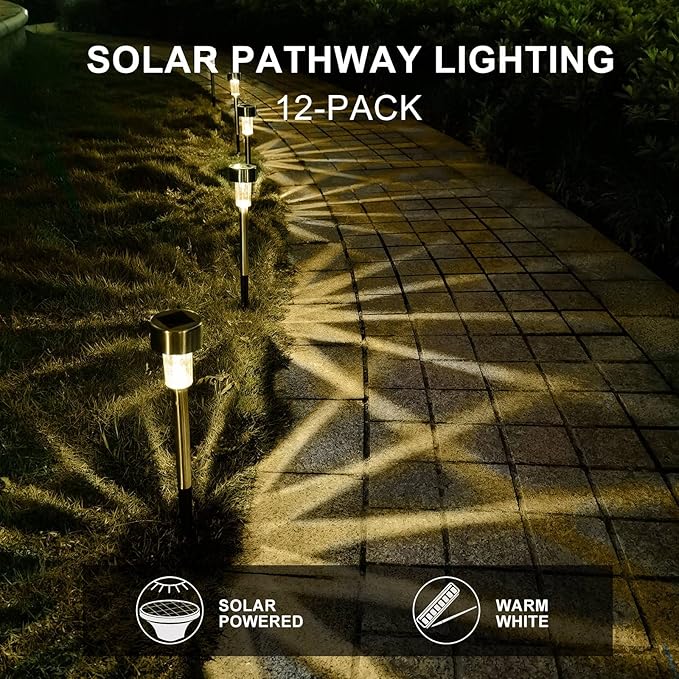 Solar Lights Outdoor Waterproof, Stainless Steel LED Landscape Lighting, Solar Garden Lights, Outdoor Valentines Day Decorations for Yard, Pathway, Walkway, Patio, Lawn - 12 Pack(Warm White)