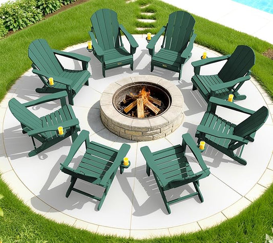SERWALL Folding Adirondack Chair Painted Adirondack Chair Set of 8 Weather Resistant for Patio Deck Garden, Fire Pit & Lawn Furniture Porch - Green