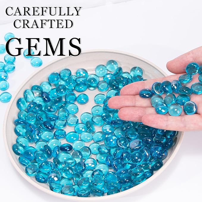 50PCS Mini Glass Gems,Sea Blue Mancala Stones Flat Bottom Marble Beads for Home Decorative Art Craft Vase Filler(0.5"~0.7")