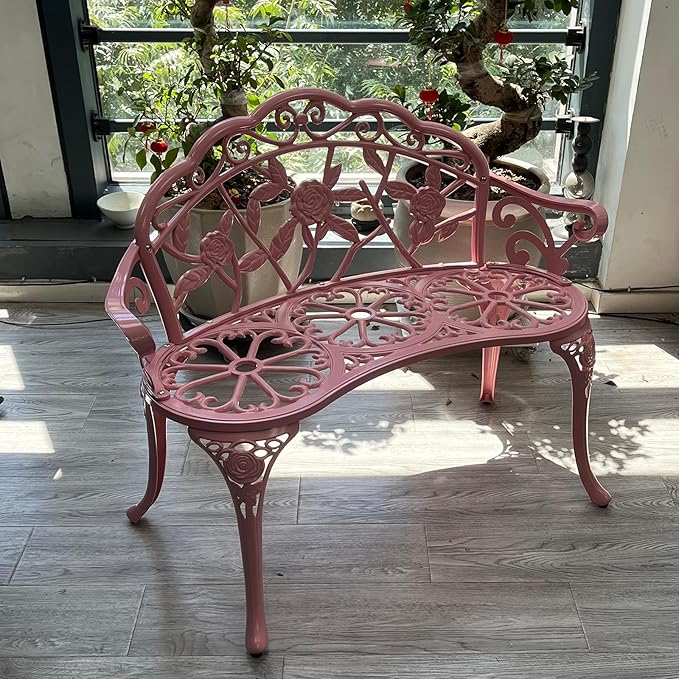 Cast Aluminium Outdoor Bench, Rose Garden Bench for Patio,Park,Lawn,Yard (Pink)