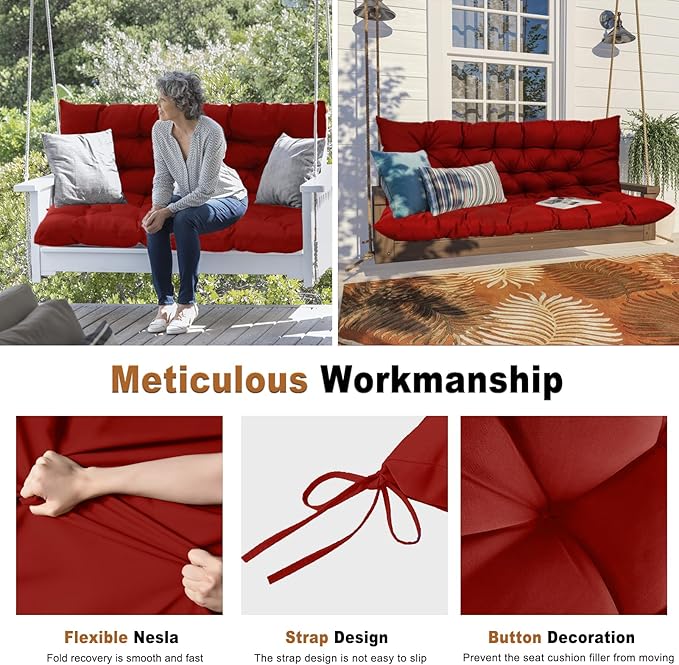 2-3 Seat Swing Replacement Cushion, Outdoor Bench Cushions with Backrest Thicken 4", Patio Furniture Garden Porch Loveseat Glider Pad Anti-Fading Waterproof (Red, 40x47in)