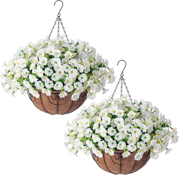 2 Set Artificial Hanging Flowers Baskets for Outdoors Faux Spring Plants, 24 Pcs UV Resistant Faux Silk White Morning Glory with 2 Outdoor Hanging Planters Realistic for Outside Porch Patio Decor