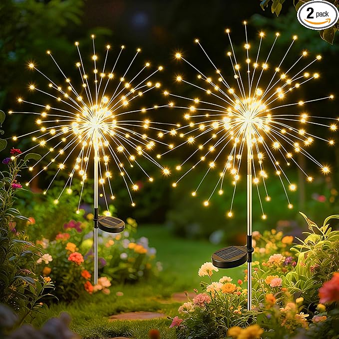 btfarm Solar Garden Lights Outdoor, 8 Modes Firework Lights Solar Powered, Waterproof Twinkle Fairy Light Outside for Yard Patio Pathway Pool Christmas Party Decorative, 2 Pack, Warm White