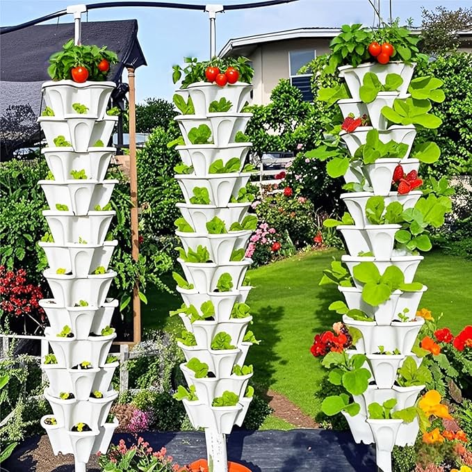 7 Tiered Strawberry Planters 2 Pack, Vertical Stackable Planter, Herb Stacking Tower Garden, Flower and Vegetable Planters with Support Pole Indoor & Outdoor with Removable Wheels Dark Grey