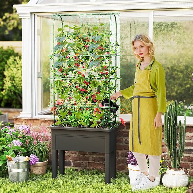Giantex Raised Garden Bed with Legs & Trellis for Climbing Plants, Self-Watering Planter Box w/Water Level Gauge, for Vine Flower Herb Vegetable (29.5"x13.5"x76")