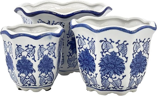 Galt International Blue & White Floral Porcelain Ceramic Decorative Flower Pot 8"/6"/4.5" Garden Pots Chinese Asian Design - Set of 3 Round Fluted