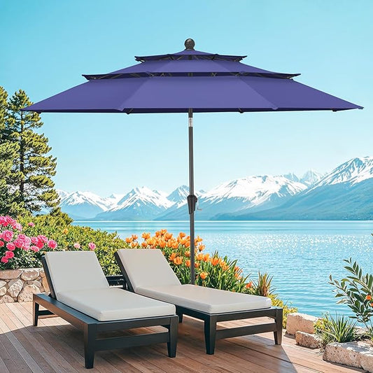 ONBRILL 10 FT Patio Umbrella, 3 Tier Outdoor Table Umbrella with 8 Sturdy Glass Fiber Ribs and Push Button Tilt, Outdoor Patio Umbrellas for Market Pool Garden Backyard, 1.5" Pole, Blue (No Base)