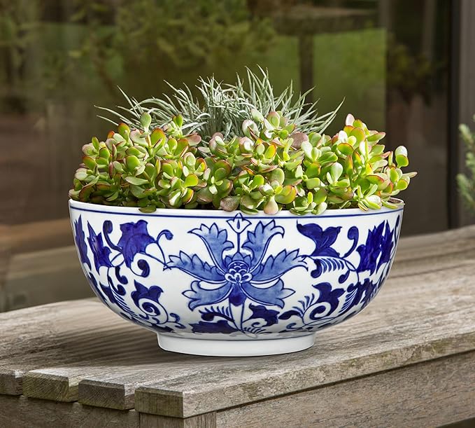 Hollyone Blue and White Vase Porcelain Planters 7 Inch Garden Bowl Modern Ceramic Pots Classic Chinese Floral Vase for Indoor Outdoor Succulents Bonsai Fairy Gardens Herbs