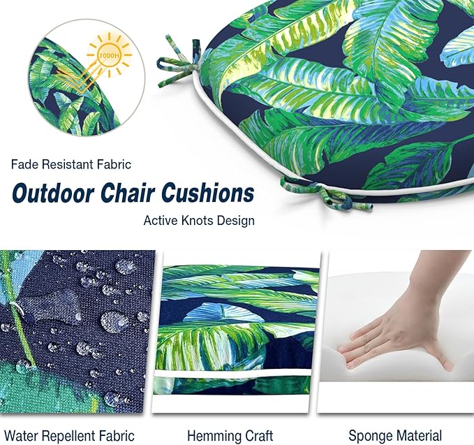 Outdoor Chair Cushions Set of 2, Water Resistant Patio Chair Pads with Ties, Seat Cushions for Home Garden Furniture Decoration, 16"x17", Hanalei Lagoon