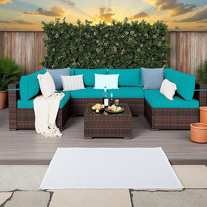 Outdoor Replacement Cushions for Patio Furniture,14-Piece Patio Water-Resistant Replacement Sofa Cushions,Fits 6-seat Sectional Rattan Conversation Set,Liner&Cover (Lake Blue)