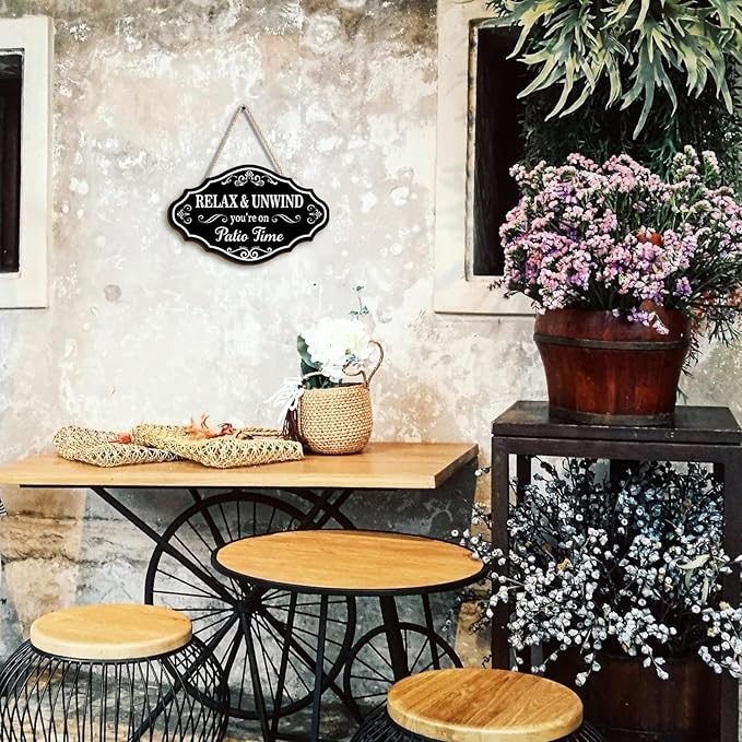 Pigort Patio Wall Decor Hanging Wall Art Wooden Plaque Signs Vintage Balcony Decor Retro Patio Accessories Relax Unwind You're on Patio Time with Chain for Home Pub 11.4""x7"", Black