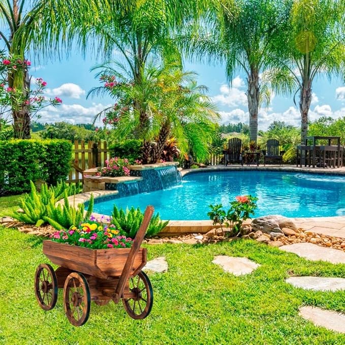 Wood Wagon Planter for Outdoor Balcony Decor - Garden Rustic Wooden Flower Cart with Wheels for Outside - Decorative Indoor - Wheelbarrow Planter for Patio -Reinforced Wheel