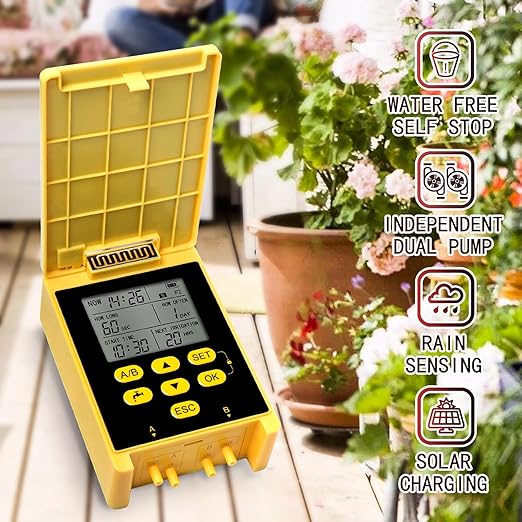Solar Powered Dual Pump Drip Irrigation Kit,Child Lock 2 Group Automatic Watering System with Rain Sensing Digital Display Screen for Garden Patio Balcony Vacation (for 20 Pot Plants)