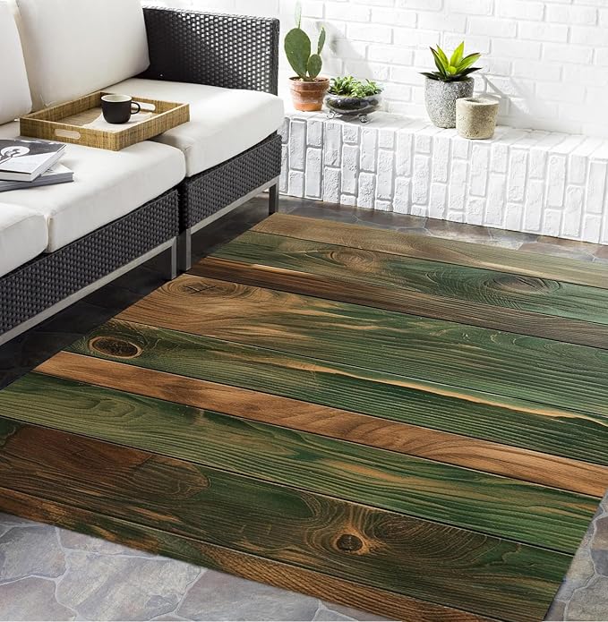 Green Brown Old Wooden Board Print Outdoor Area Rug for Patio Deck Balcony Backyard Porch Garden Durable Farmhouse Rugs 2x3 Natural Wood Grain Outdoor Carpet Anti Slip Waterproof Picnic Camping Mat