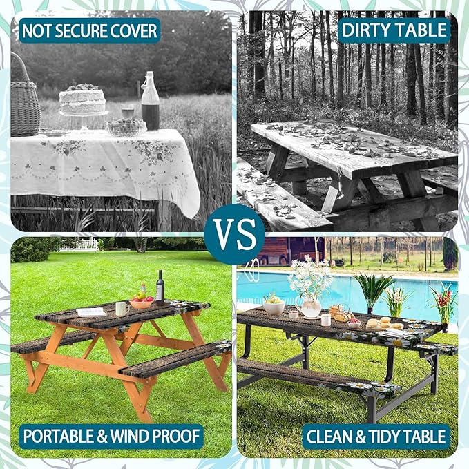 Picnic Table Cover with Bench Cover, Outdoor Patio Camping Essentials Farmhouse Daisy Table Covers with Elastic Waterproof Camping Tablecloth with Drawstring Bag, 96In 3PCS