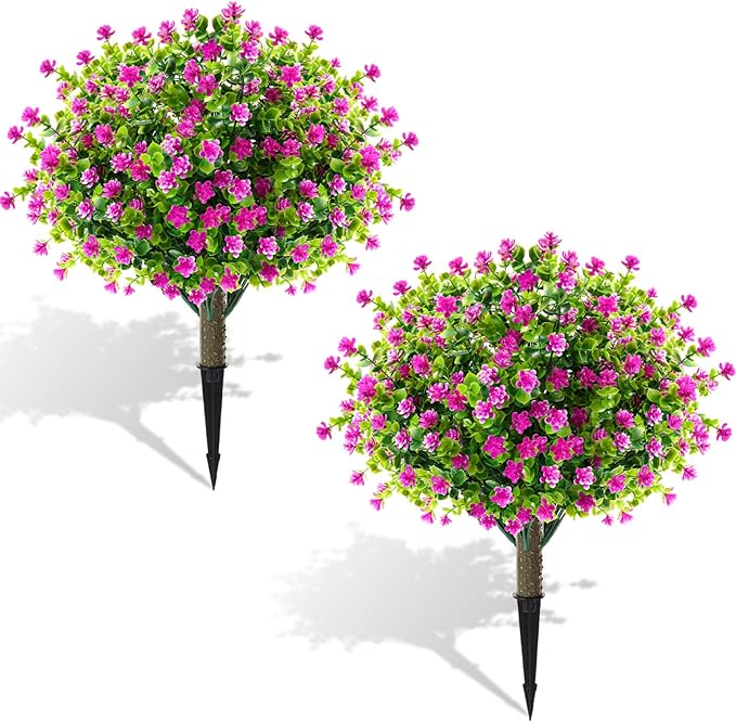 Yunlly 2 Pcs Outdoor Artificial Topiary Ball Trees 22" with Colorful Flowers, Boxwood Fake Bushes Shrubs with Spike, UV Resistant Evergreen Plants for Front Porch Garden Decor (Purple)