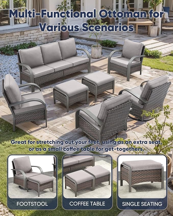 HUMMUH Outdoor Patio Conversation Furniture Sets-Deep Seating Wicker Patio Chairs with Patio Sofa Set Outdoor Patio Furniture for Deck Porch Garden Poolside Backyard-Brown/Grey