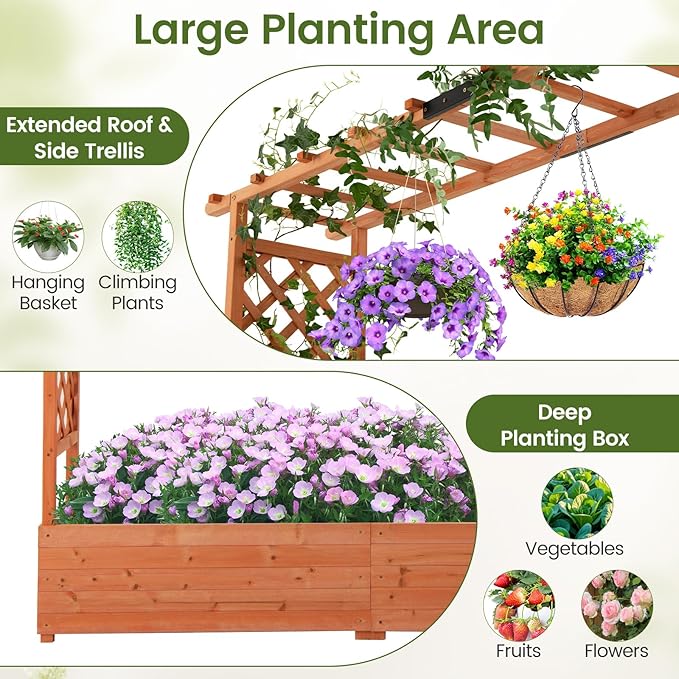 S AFSTAR 2 Pieces Raised Garden Beds with Arch Trellis, Hanging Roof & Drainage Holes, 77-Inch Vertical Plant Container for Vine Climbing Plant Flower, Outdoor Wood Elevated Planter Box for Garden