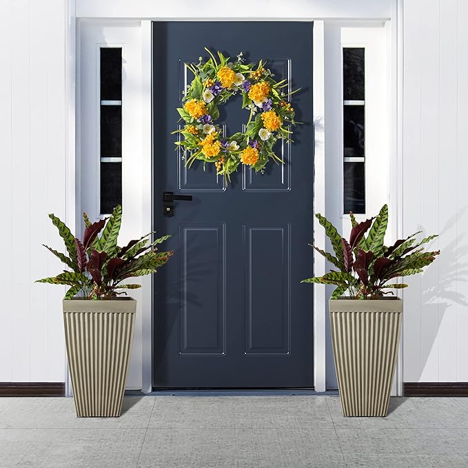 Glitzhome 23" H Tall Planter, Large Planters for Outdoor Plants, Outdoor Planters with Drainage Hole, Faux Concrete Fluted Large Flower Pots for Porch Indoor Patio Garden and Deck, Set of 2