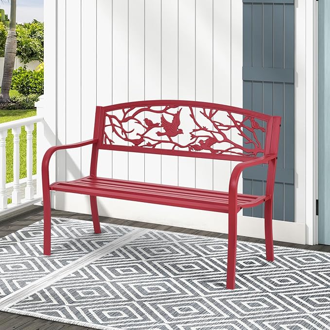 Tangkula Metal Outdoor Garden Bench Park Bench, Patio Bench with Bird & Twig Cast Iron Back Pattern, Heavy-Duty Patio Chair with Back & Arms, Seats 2-3 Persons, for Porch, Yard, Park, Lawn, Porch