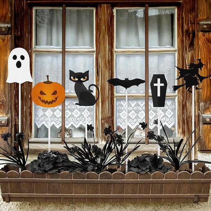 6 Pcs Metal Halloween Planter Stakes 13 Inch Halloween Props Potted Plant Decor Witch Pumpkin Black Cat Tombstone Boo Ghost Bat Garden Metal Stake Table Centerpieces Outdoor Yard Lawn Decorations