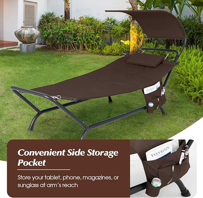 Giantex Hanging Hammock with Stand, Patio Hanging Chaise Lounge Chair w/Canopy, Cushion, Pillow & Storage Bag, Heavy Duty Swing Hammock Bed for Garden Lawn Backyard Patio Poolside Porch (Brown)
