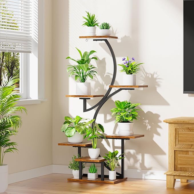 Plant Stand Indoor with Grow Lights, 7 Tiered Plant Shelf Indoor, 44" Corner Plant Stands for Indoor Plants, Tall Plant Flower Display Shelf, S-Shaped Plant Rack for Home, Living Room, Black