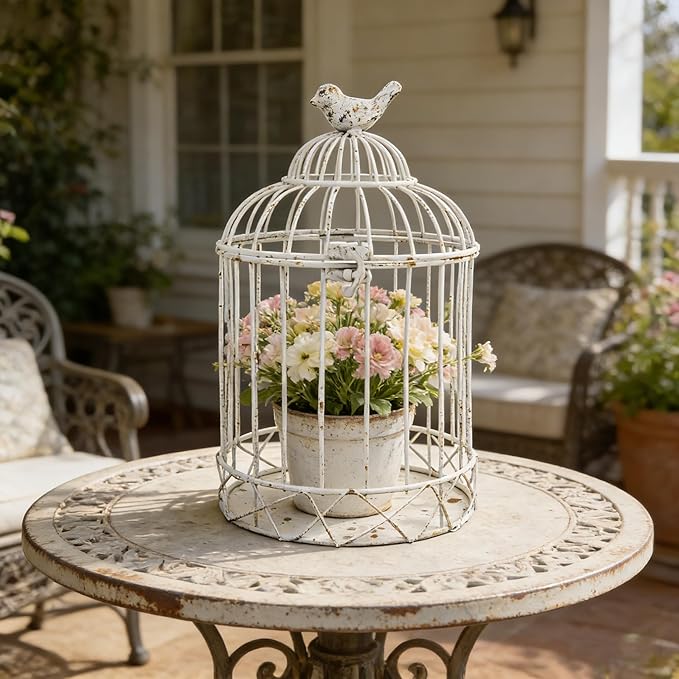 Vintage Birdcage Planter, 11.8" H Rustic Farmhouse Metal Plant Holder, Distressed White Decorative Candle Holder for Wedding Centerpieces, Garden Patio Indoor Outdoor Home Decor
