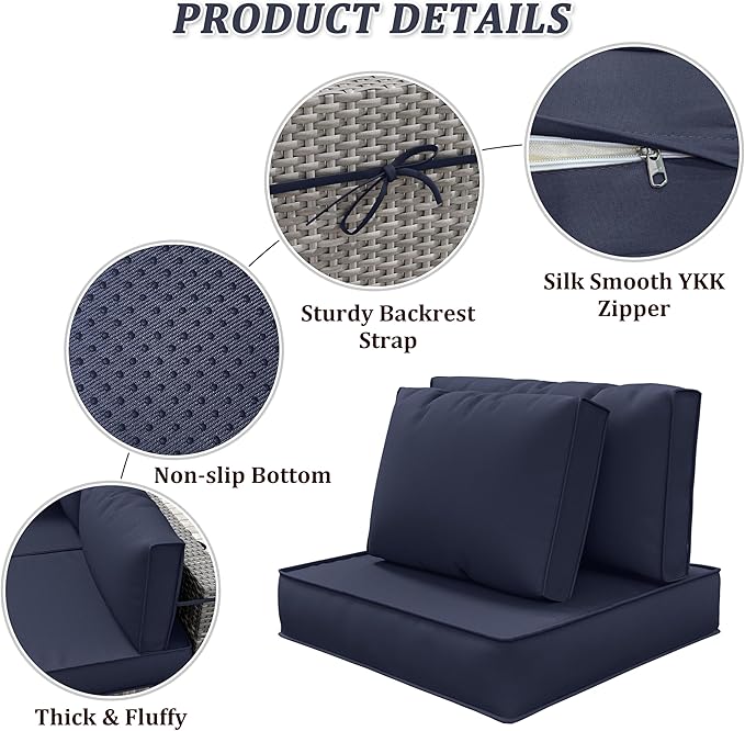 14-Piece Outdoor Cushions for Patio Furniture Thick Outdoor Chair Cushions 5" Foam High-Density Water-Resistant Deep Seat Cushion for 6-Seat Sectional Sets Liner&Cover Navy Blue