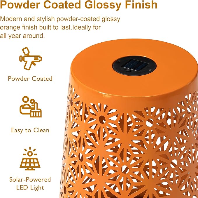 Glitzhome Ourdoor Side Table Set of 2,Solar Iron Cutout Geometric Pattern Decorative Garden Stool Planter Stand,Accent Table or Lantern for Patio Poolside Party Yard,Orange