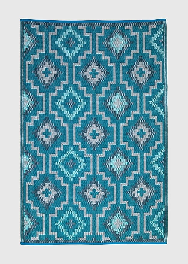 Fab Habitat Outdoor Rug - Waterproof, Fade Resistant, Crease-Free - Premium Recycled Plastic - Vintage Boho Kilim - Porch, Deck, Balcony, Mudroom, Laundry Room, Patio - Lhasa - Teal - 3 x 5 ft
