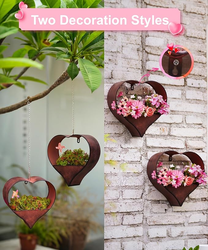 Metal Plant Hangers Indoor and Outdoor: Valentines Day Gifts for Her Wife Women Mom Garden Lovers Birthday - Heart Shape Hanging Planters for Window Wall Living Room Office Decor(2 Pack)