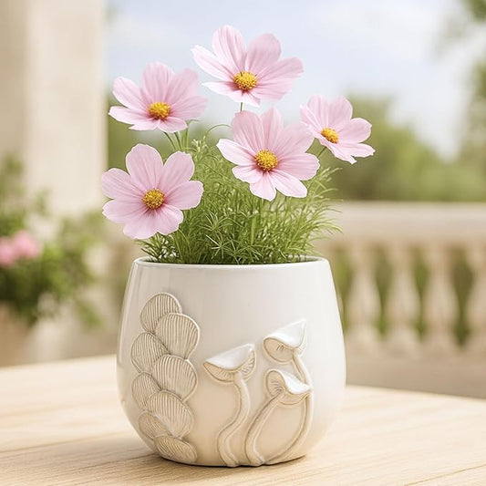 Ceramic Decorative Planter Pot – Modern Indoor Outdoor Plant Holder with Sculpted Mushroom Design and Built-In Drainage, Stylish Pot Stand for Living Room, Entryway or Patio Décor – 6", Ivory & Tan