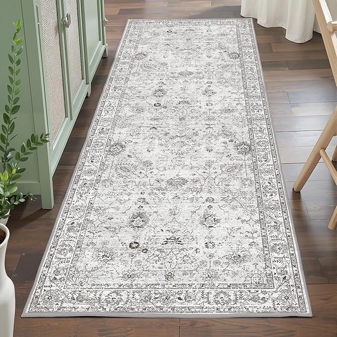 Grey Rug for Hallways Kitchen Rug 2x6, Non Slip Washable Rugs with Rubber Backing Soft Floral Carpet Runner for Hallways, Kitchen, Laundry, Bedroom, Bathroom (Grey, 2 x 6)