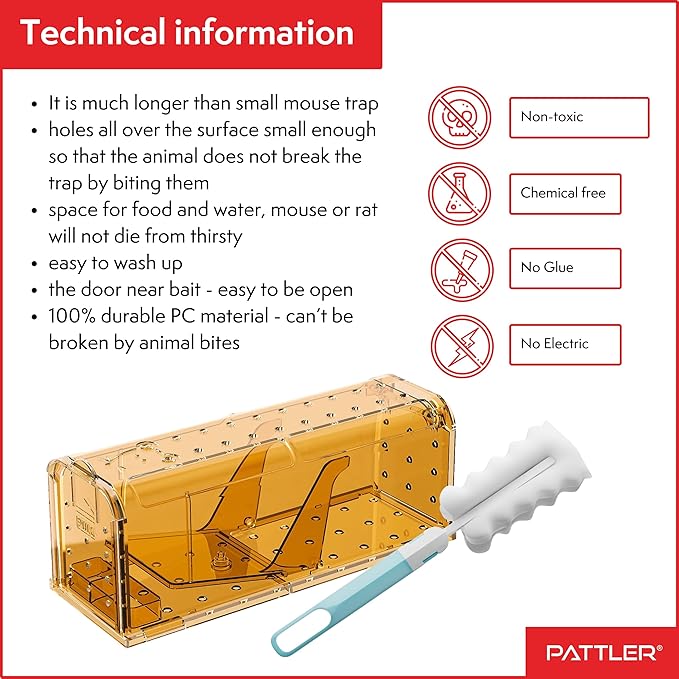 PATTLER® | New Large Humane Mouse Trap for Indoor and Outdoor Home | Mechanical Reusable Live Mouse Traps Catch and Release Mice from Garden, Garage, Attic, Inn, Hotel | Orange | Pack of 2