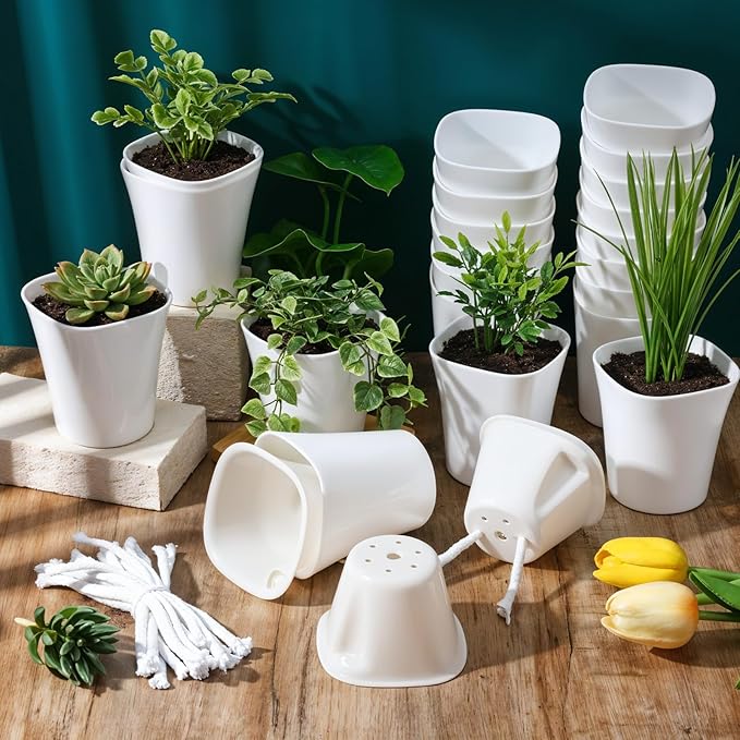 20 Pcs Self Watering Pots for Indoor Planters, 3 Inch Plastic Self Watering Planter Pot Garden Flower Pots with Water Level Indicator Vents for Succulents (White)