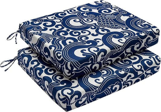 downluxe Outdoor Chair Cushions Set of 2 for Patio Furniture, Water-Resistant Square Corner Patio Chair Cushions with Ties, High Density Foam Outdoor Seat Cushion, 18.5" X 16" X 3", Blue Carp