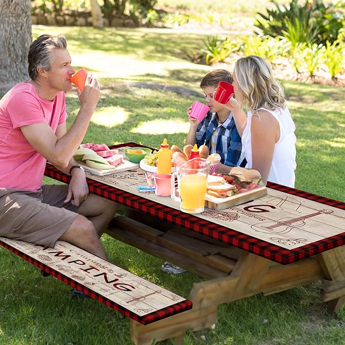 Picnic Table Cover with Bench Covers Elastic Edges, Red Plaid Fitted Table Cover, Outdoor Patio Camping Essentials 72 Inch 3PCS, Waterproof Camping Fitted Tablecloth with Drawstring Bag