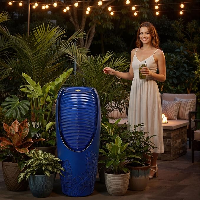 33" Cearmic Outdoor Fountain, Large Tall Jar Water Feature with Lights, Soothing Trickling Waterfalls for Garden Patio Yard Balcony or Porch, Cobalt Blue Glaze, 3D Tropical Leaf Patterns