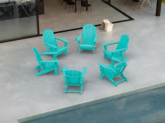 Ciokea Folding Adirondack Chair 6 Pack, Patio Adirondack Chair Weather Resistant, Plastic Fire Pit Chair with Cup Holder, Lawn Chair for Outdoor Porch Garden Backyard Deck (Lake Blue)