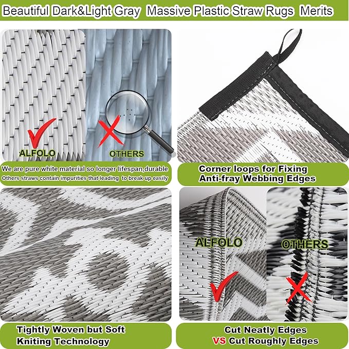 Outdoor Plastic Straw Rug 8x10 Waterproof Outdoor Patio Rug,Porch Balcony Rug,Reversible Rv Camping Floor Mat Outside Mat Camping Gifts(Grey&White, 8'x10')