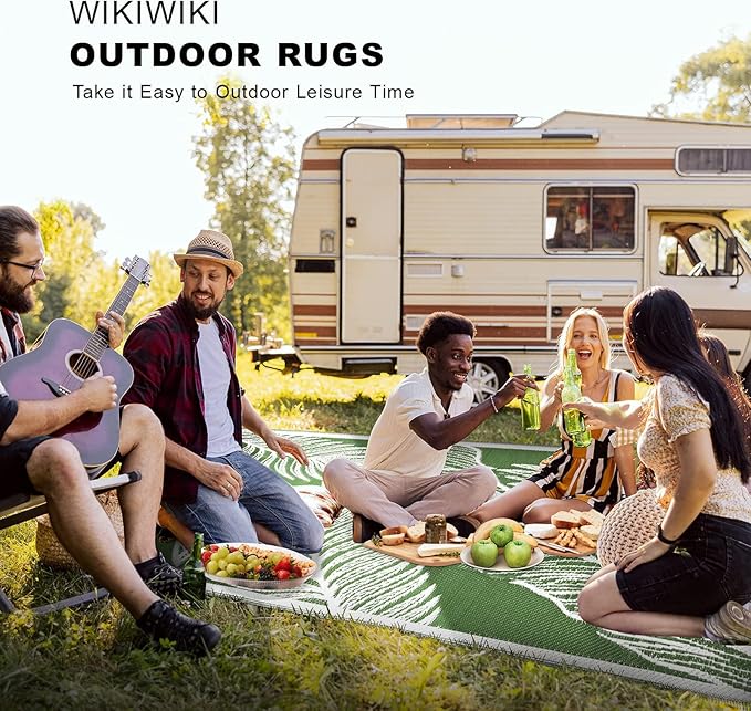 wikiwiki 9x12ft Outdoor Rug, Reversible Plastic Patio Rug Waterproof, Indoor Outdoor Carpet Clearance, Large Area Carpet for Patio Deck Balcony Pool RV Camping Beach Picnic, Green