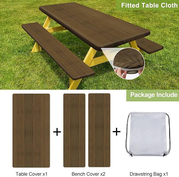 Picnic Table Cover with Bench Covers Camping Essentials Waterproof Windproof Camping Tablecloth with Drawstring Bag, Fitted Rectangle Tables and Seats, 72in, Dark Brown