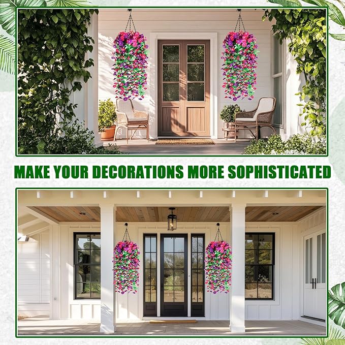Hotop 2 Set Artificial Hanging Flower Basket and 6 Pcs Bougainvillea Silk Vine Flower for Outdoor Indoor UV Resistant Faux Hanging Plant Coconut Lining Planter Pot(Purple, Rose Red)