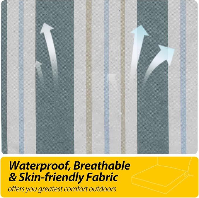AAAAAcessories Outdoor Seat Cushions for Chairs, Fade-Resistant, Waterproof Patio Furniture Replacement Cushions, 25.5" x 25.5" x 5" + 25.5" x 13.5", Set of 2, Slate Gray Blue Coastal Stripe