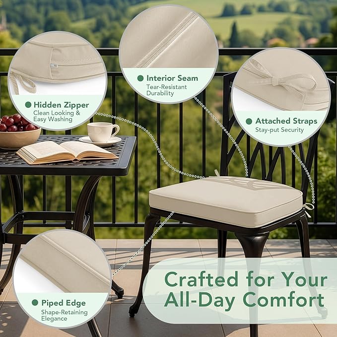 Outdoor Chair Cushions Set of 4: Waterproof & Fade Resistant Patio Furniture Cushions - 18.5 x 16 x 2 Inch Non Slip Round Corner Seat Cushion Pads with Removable Cover for Garden Yard Lawn, Cream